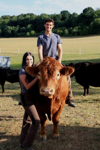Philipp und Natalie mit einem Galloway Rind