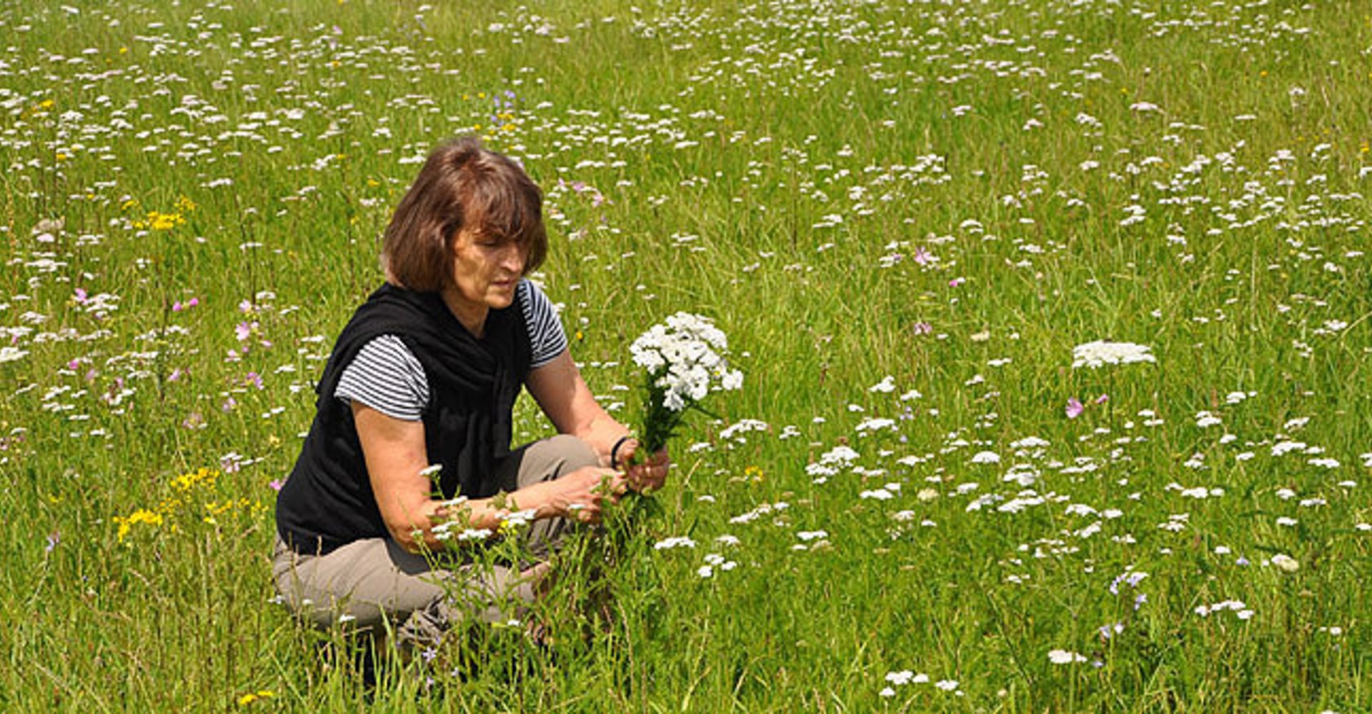 Frau Feldkamp sammelt Naturmaterialien